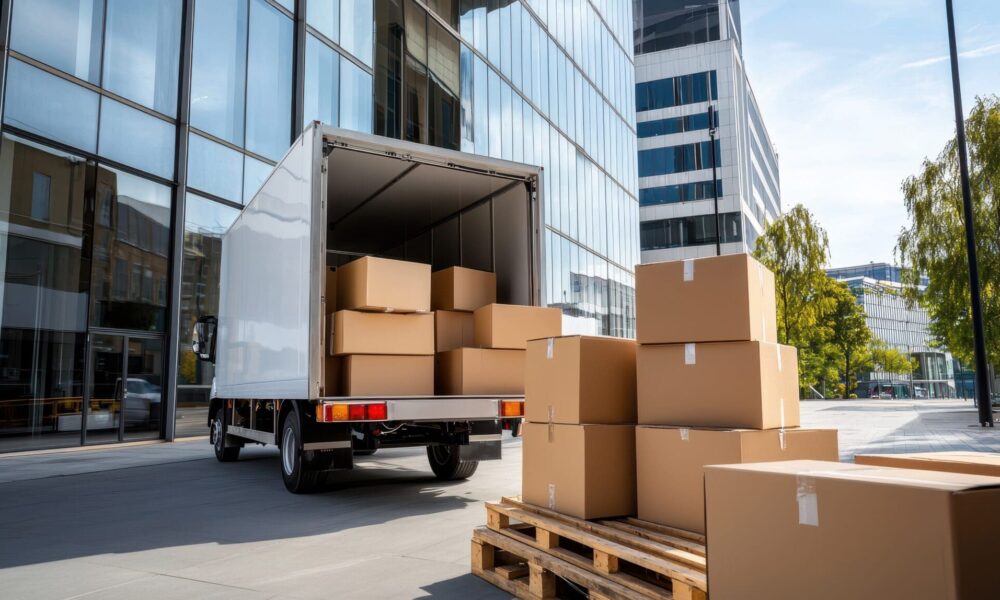 Truck delivery and moving box. Delivery truck unloading boxes outside a modern building.